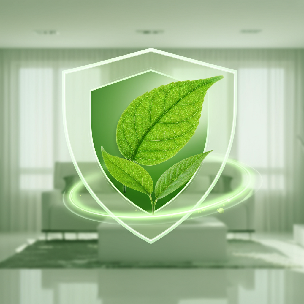 A green leaf shielding a home, symbolizing eco-friendly pest control in Sharjah.